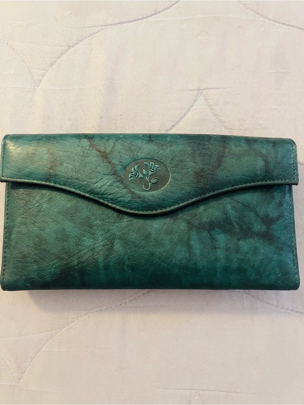 Buxton Women's Teal Leather Clutch Wallet - Embossed Floral Logo